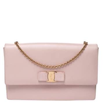 Pre Owned Salvatore Ferragamo Light Beige Leather Vara Bow Chain Shoulder Bag