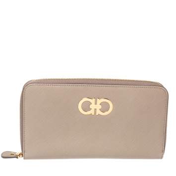 Pre Owned Salvatore Ferragamo Grey Leather Double Gancio Zip Around Wallet