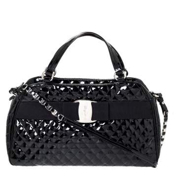 Pre Owned Salvatore Ferragamo Black Patent Leather Vara Bow Satchel