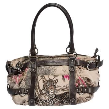 Pre Owned Salvatore Ferragamo Multicolor Jungle Print Nylon and Leather Satchel