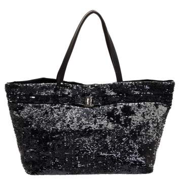 Pre Owned Salvatore Ferragamo Black Sequins and Nylon Vara Bow Tote