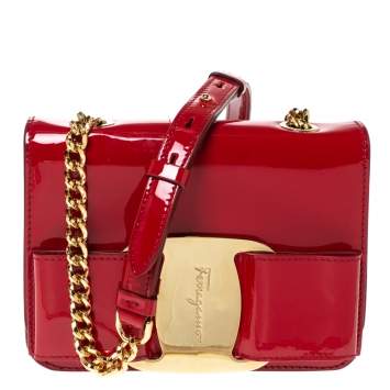 Pre Owned Salvatore Ferragamo Red Patent Leather Bow Crossbody Bag
