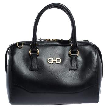 Pre Owned Salvatore Ferragamo Black Leather Gancini Boston Bag