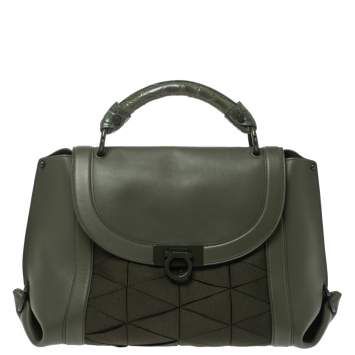 Pre Owned Salvatore Ferragamo Military Green Fabric and Leather Sofia Top Handle Bag