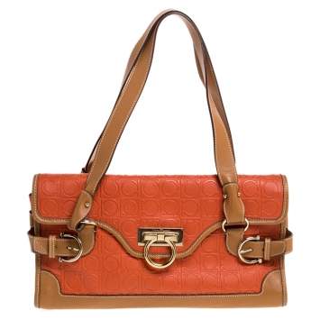 Pre Owned Salvatore Ferragamo Orange/Tan Leather Flap Satchel
