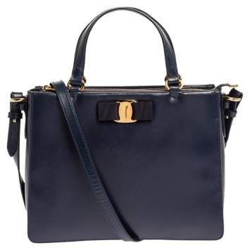 Pre Owned Salvatore Ferragamo Navy Blue Leather Vara Bow Tote