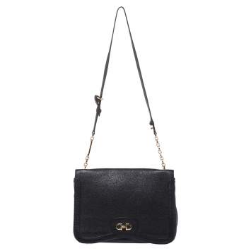 Pre Owned Salvatore Ferragamo Black Leather Gancini Flap Shoulder Bag