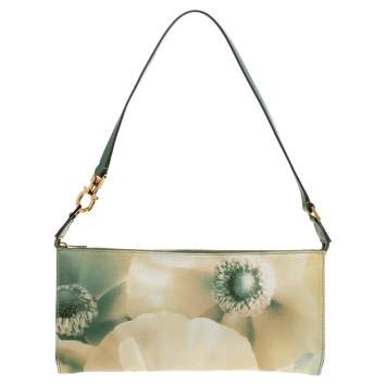 Pre Owned Salvatore Ferragamo Green Floral Nylon and Leather Pochette Bag