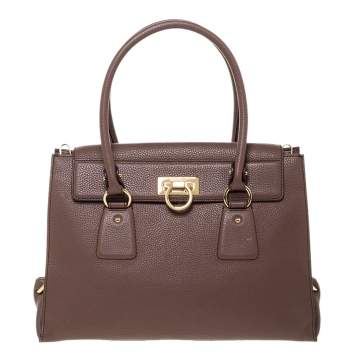Pre Owned Salvatore Ferragamo Coffee Brown Grained Leather Lotty Top Handle Bag
