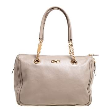 Pre Owned Salvatore Ferragamo Beige Leather Double Gancio Bag