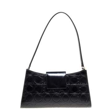 Pre Owned Salvatore Ferragamo Black Gancini Embossed Leather Flap Shoulder Bag