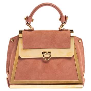 Pre Owned Salvatore Ferragamo Pink Suede and Metal Mini Sofia Top Handle Bag