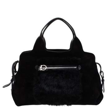 Pre Owned Salvatore Ferragamo Black Suede and Fox Fur Zip Satchel