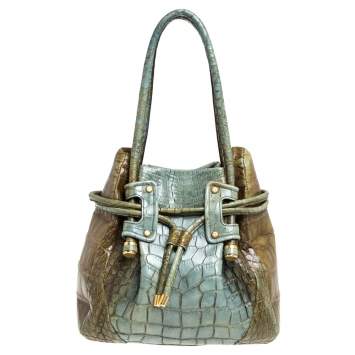Pre Owned Salvatore Ferragamo Olive Green/Light Teal Alligator Bucket Bag 