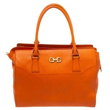 Pre Owned Salvatore Ferragamo Orange Leather Gancio Tote