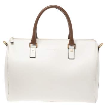 Pre Owned Salvatore Ferragamo White/Brown Leather Boston Bag