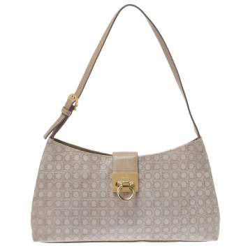 Pre Owned Salvatore Ferragamo Beige/Grey Gancini Embossed Leather Gancio Flap Shoulder Bag
