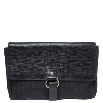 Pre Owned Salvatore Ferragamo Black Gancio Print Fabric and Leather Velcro Strap Flap Wristlet Clutch