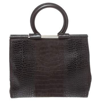 Pre Owned Salvatore Ferragamo Dark Brown Croc Embossed Nubuck Leather Gancio Handle Tote