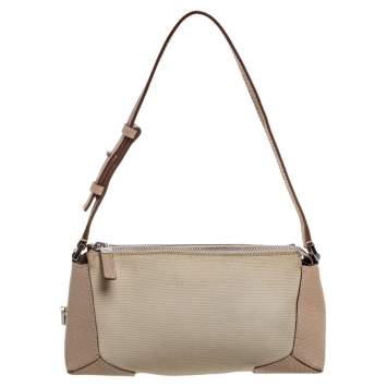 Pre Owned Salvatore Ferragamo Beige Canvas and Leather Pochette Bag