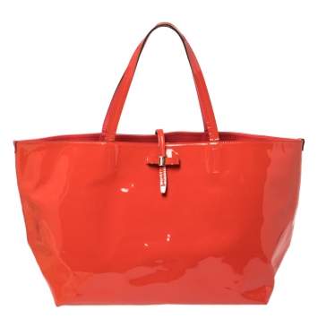 Pre Owned Salvatore Ferragamo Orange Patent Leather Bice Tote