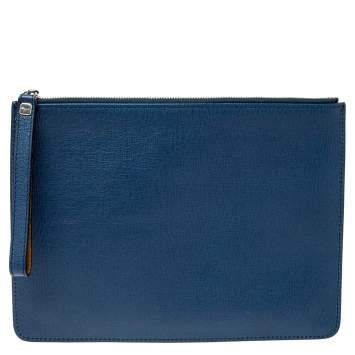 Pre Owned Salvatore Ferragamo Blue Leather Wristlet Zip Clutch
