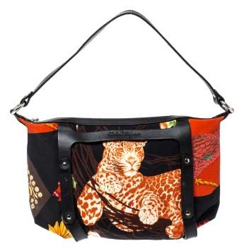 Pre Owned Salvatore Ferragamo Black Multicolor Printed Nylon Baguette Bag