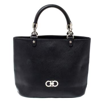 Pre Owned Salvatore Ferragamo Black Leather Double Gancio Tote
