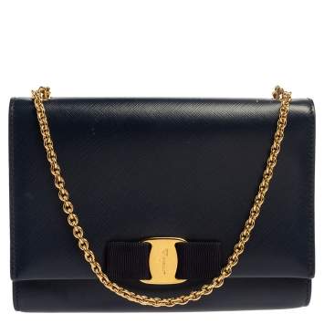 Pre Owned Salvatore Ferragamo Blue Leather Vara Bow Chain Shoulder Bag
