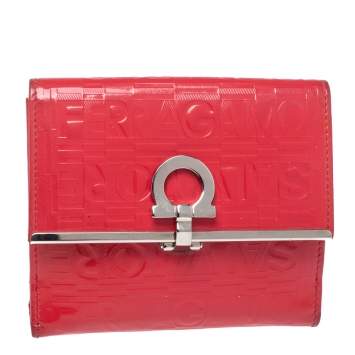 Pre Owned Salvatore Ferragamo Pink Monogram Embossed Patent Leather Gancini Triifold Wallet