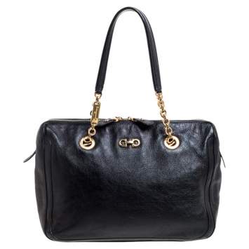 Pre Owned Salvatore Ferragamo Black Leather Fanya Chain Tote