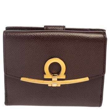 Pre Owned Salvatore Ferragamo Burgundy Grained Leather Gancini Clip Compact Wallet