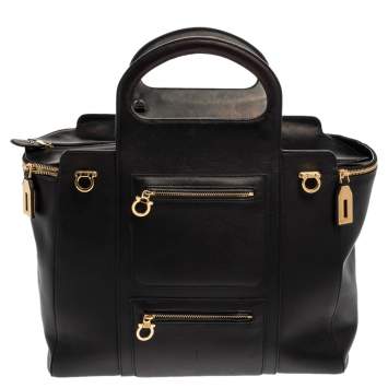 Pre Owned Salvatore Ferragamo Black Leather Leather Verve Tote Bag