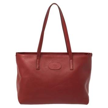Pre Owned Salvatore Ferragamo Wine Red Leather Double Gancio Embossed Zip Tote