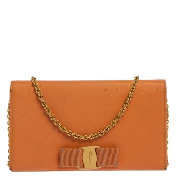 Pre Owned Salvatore Ferragamo Orange Leather Miss Vara Wallet On Chain