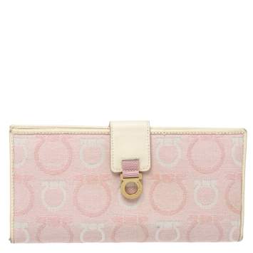 Pre Owned Salvatore Ferragamo Pink/Cream Gancini Canvas and Leather Wallet