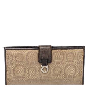 Pre Owned Salvatore Ferragamo Beige/Brown Gancini Canvas and Leather Wallet