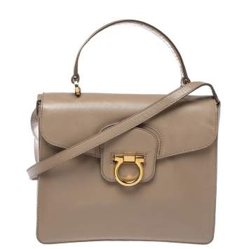 Pre Owned Salvatore Ferragamo Beige Leather Katia Top Handle Bag