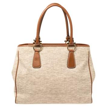 Pre Owned Salvatore Ferragamo Beige/Tan Canvas and Leather Tote
