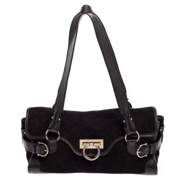 Pre Owned Salvatore Ferragamo Black Monogram Velvet and Leather Satchel