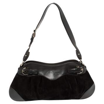 Pre Owned Salvatore Ferragamo Black Leather and Suede Marisa Baguette Shoulder Bag
