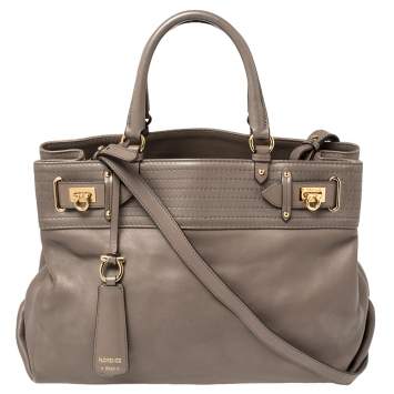 Pre Owned Salvatore Ferragamo Dark Beige Leather Gancini Buckle Tote