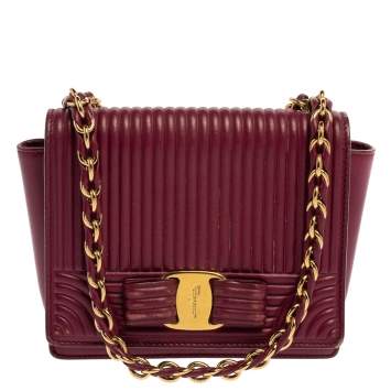 Pre Owned Salvatore Ferragamo Burgundy Quilted Leather Mini Vara Bow Crossbody Bag