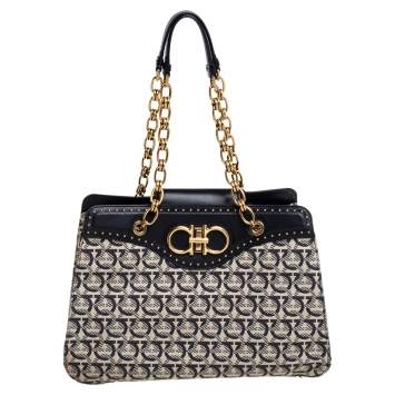 Pre Owned Salvatore Ferragamo Off White Gancini Jacquard Canvas And Studded Black Leather Shoulder Bag