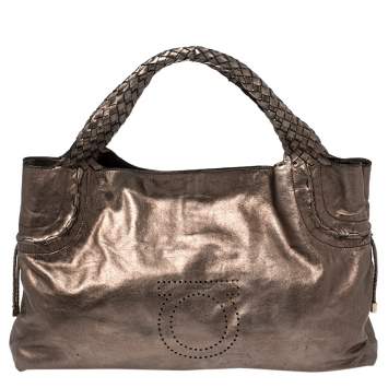Pre Owned Salvatore Ferragamo Metallic Bronze Leather Perforated Logo Tote