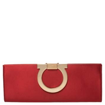 Pre Owned Salvatore Ferragamo Red Leather Gancini Frame Clutch 