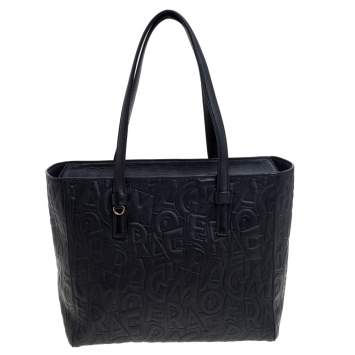 Pre Owned Salvatore Ferragamo Black Embossed Logo Leather Bonnie Shopper Tote