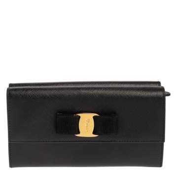 Pre Owned Salvatore Ferragamo Black Leather Vara Bow Double Flap Continental Wallet