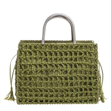 Pre Owned Salvatore Ferragamo Green Woven Leather and Canvas Metal Handle Tote