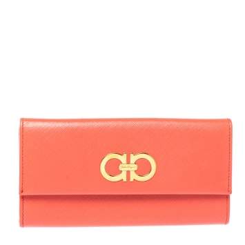Pre Owned Salvatore Ferragamo Coral Red Leather Gancini Continental Wallet